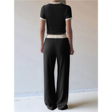 Conjunto de Moletom Feminino de Verão com Duas Peças Combinando, Composto Por Calça Pantalona e Top Cropped com Franzido Lateral. Preto M