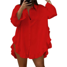 Camicetta da Donna con Volant Irregolare, Orlo Curvo, Colletto Ampio, Abbottonatura, Manica Lunga Rosso XXL