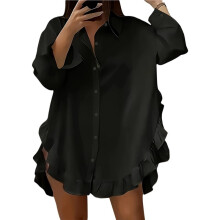 Camicia da Donna con Volant Irregolare, Orlo Curvo, Colletto Ampio, Abbottonatura, Manica Lunga Nero S
