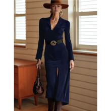 Vestido Tubinho Feminino Refinado com Cinto, Gola Mandarim e Blazer Elegante de Manga Comprida com Decote em V Azul Escuro XL