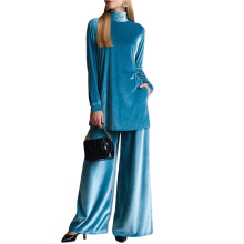 Womens Velvet Pant Suits: Fall Winter 2 Piece Outfits with Turtle Neck Top and Wide Leg Pants XXXL