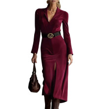 Vestido Tubinho Feminino Refinado com Cinto, Gola Mandarim e Blazer Elegante de Manga Comprida com Decote em V Vinho Tinto XXL