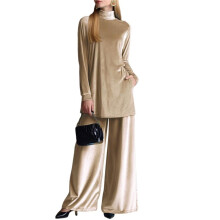 Womens Velvet Pant Suits: Fall Winter 2 Piece Outfits with Turtle Neck Top and Wide Leg Pants Apricot S