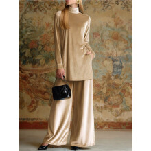 Womens Velvet Pant Suits: Fall Winter 2 Piece Outfits with Turtle Neck Top and Wide Leg Pants Apricot XL