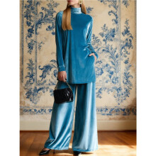 Womens Velvet Pant Suits: Fall Winter 2 Piece Outfits with Turtle Neck Top and Wide Leg Pants S