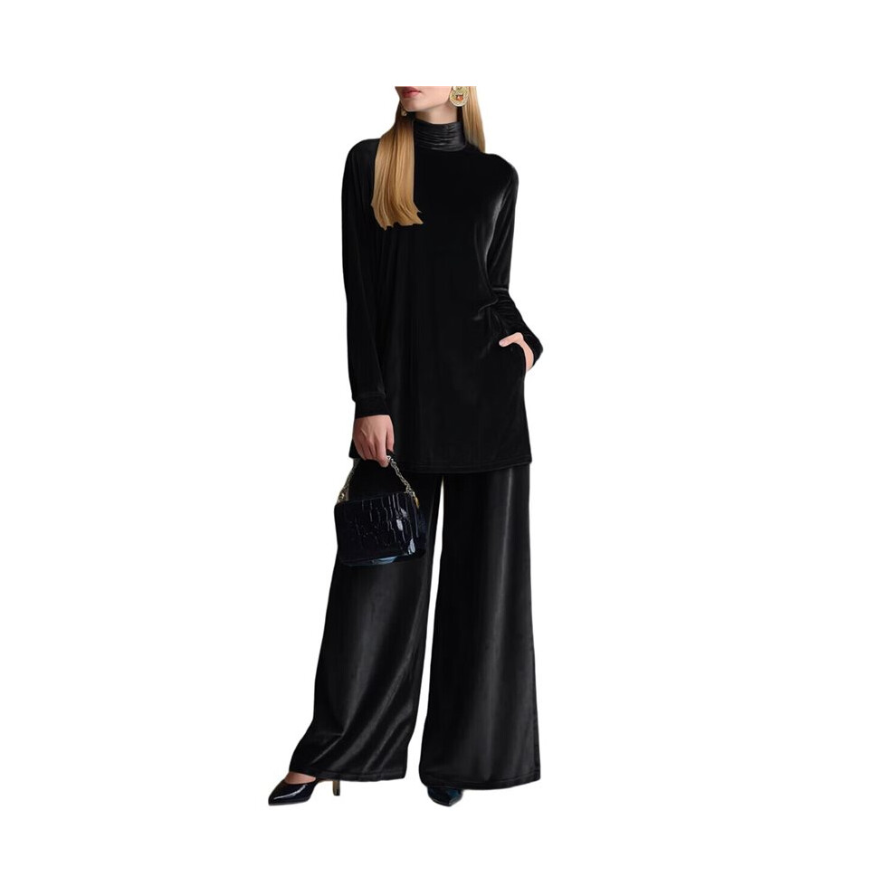 Completi In Velluto Da Donna: Outfit Autunno-Inverno In 2 Pezzi Con Top A Collo Alto E Pantaloni A Gamba Larga Nero Xxxl