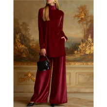 Womens Velvet Pant Suits: Fall Winter 2 Piece Outfits with Turtle Neck Top and Wide Leg Pants Red XL