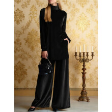 Womens Velvet Pant Suits: Fall Winter 2 Piece Outfits with Turtle Neck Top and Wide Leg Pants Black L