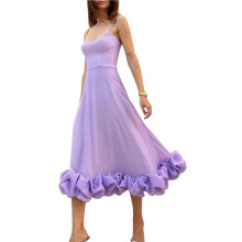 Womens Fashion Spaghetti Strap Flowy A- Dress with 3D Floral Appliques Party Maxi Gown Violet L