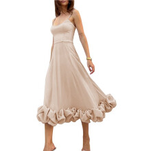 Womens Fashion Spaghetti Strap Flowy A- Dress with 3D Floral Appliques Party Maxi Gown Apricot S