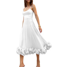 Womens Fashion Spaghetti Strap Flowy A- Dress with 3D Floral Appliques Party Maxi Gown White M