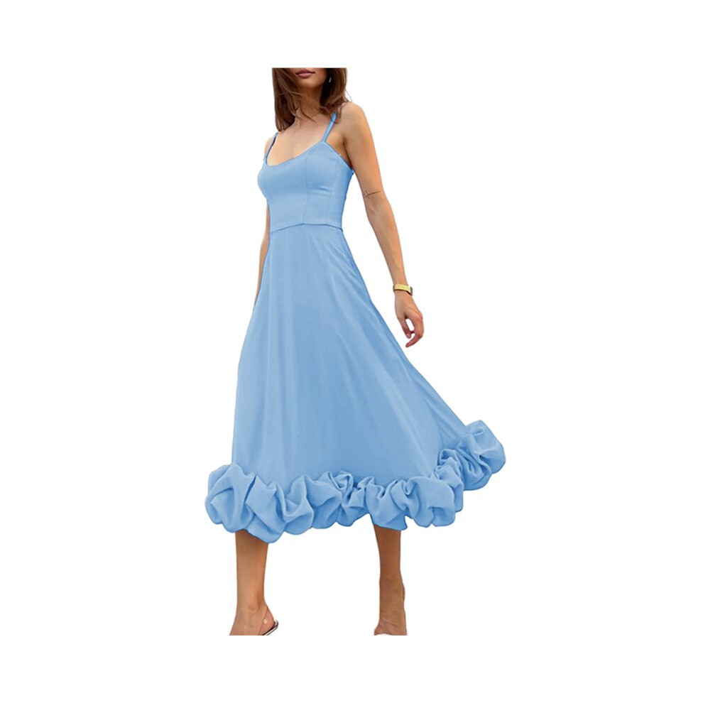 Abito Lungo Da Donna Con Spalline Sottili E Svolazzanti, A Trapezio, Con Applicazioni Floreali 3D Azzurro Cielo L-image