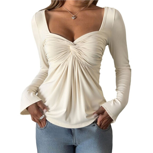 Womens V Neck Long Sleeve Ruffle Casual Tshirt Solid Color Pullover Blouse Elegant Basic Top Light Apricot S