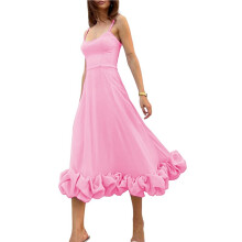 Womens Fashion Spaghetti Strap Flowy A- Dress with 3D Floral Appliques Party Maxi Gown XL