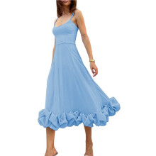 Womens Fashion Spaghetti Strap Flowy A- Dress with 3D Floral Appliques Party Maxi Gown Sky XL