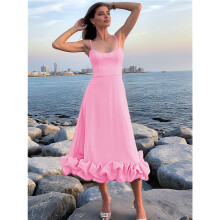 Womens Fashion Spaghetti Strap Flowy A- Dress with 3D Floral Appliques Party Maxi Gown S