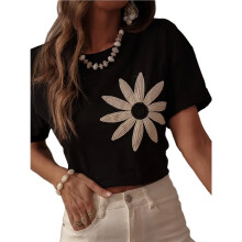 Womens 3D Floral Embroidery Pleated Soft Breathable Round Neck Short Sleeve Tshirt Black XL