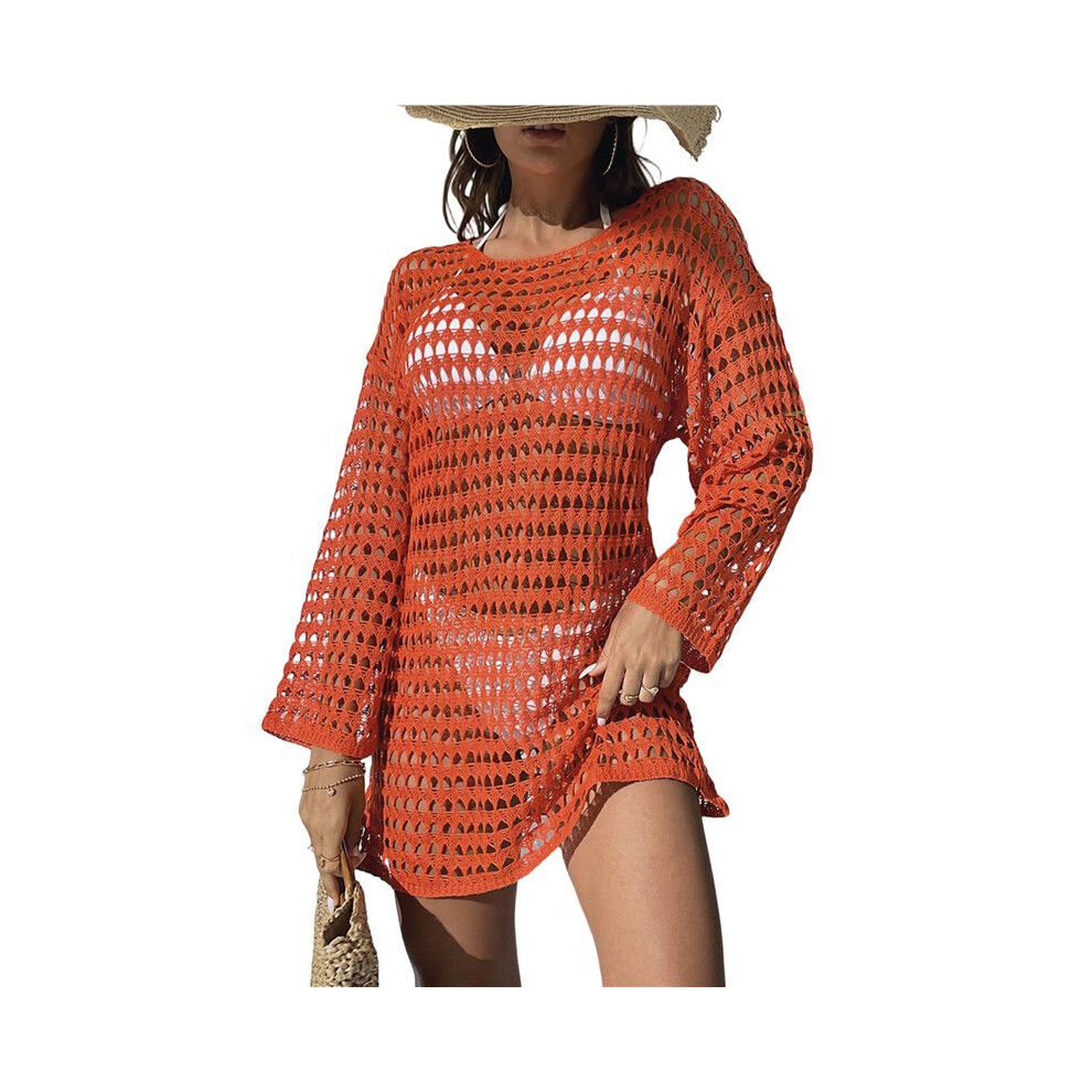 Women'S Crochet Hollow Out Swimsuit Cover  Summer Beach Bathing Suit Cover   Dress Orange M