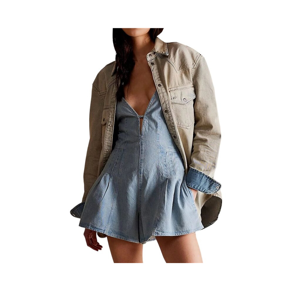 Tuta Intera Da Donna In Denim, Pantaloncini, Vestibilità Ampia, Casual, Streetwear, Estivo, Completo Intero Azzurro Chiaro L