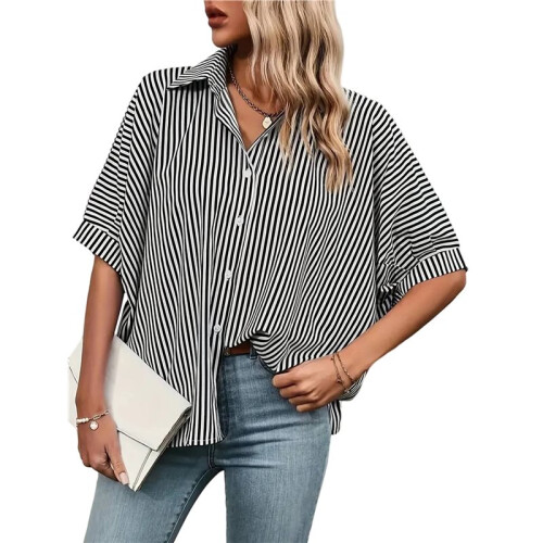 Camicia Casual da Donna A Righe con Bottoni, Collo A V, Maniche Corte e Ampia Nero M