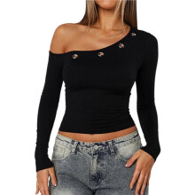 T-Shirt Asymétrique à Manches Longues et Épaules Dénudées pour Femme, Coupe Slim, Idéal pour les Sorties Noir M