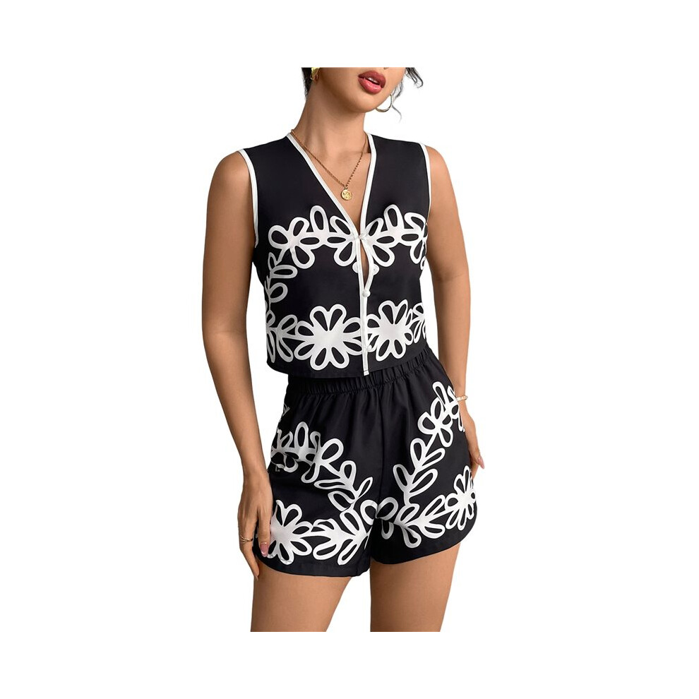 Completo Da Donna Con 2 Pezzi Di Grafica, Stile Boho, Con Nodo Alla Cravatta, Canotta Corta Senza Maniche E Pantaloncini Nero Xl