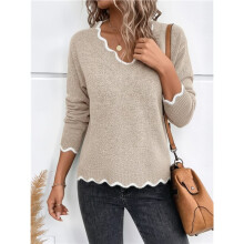 Women V Neck Sweaters Pullover Cozy Light-Weight Sweaters Long Sleeve Tops Khaki S