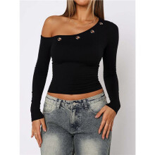 Dames Top met Asymmetrische Halslijn, Off-Shoulder Model, Lange Mouwen, Slim Fit, Uitgaansblouse met Één Schouder Zwart L