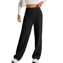 Womens High Waist Button Stretchy Pants Straight Leg Office Dress Pant Casual Trousers with Pocket Black 4XL