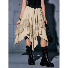 Women'S Renaissance Flowy Fairy Skirt Y2k Contrast Lace Layered Asymmetrical Midi Skirts Khaki S