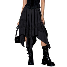 Women'S Renaissance Flowy Fairy Skirt Y2k Contrast Lace Layered Asymmetrical Midi Skirts Black S