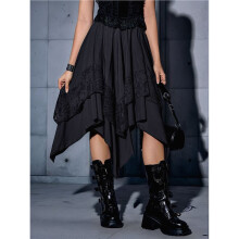 Women'S Renaissance Flowy Fairy Skirt Y2k Contrast Lace Layered Asymmetrical Midi Skirts Black M