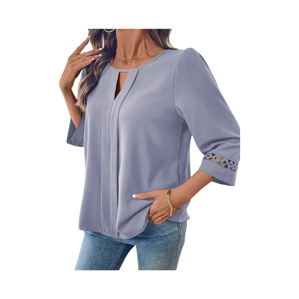 Top Da Donna Con Maniche A 3/4, Camicette Eleganti, Scollo Rotondo, Casual Da Lavoro, Camicie Da Ufficio, Abbigliamento Blu M