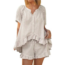 Womens Gingham Pajamas Set 2 Piece Sets Puff Sleeve Ruffle Babydoll Shirt Shorts Summer Outfits Khaki S