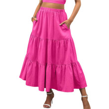 Gonna Lunga Fluida A Strati con Tasche, Stile Casual da Donna, A Vita Alta, A Trapezio Rosa Rossa S