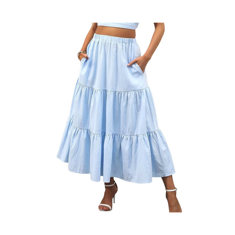 Gonna Lunga Fluida A Strati Con Tasche, Stile Casual Da Donna, A Vita Alta, A Trapezio Azzurro Chiaro S-image