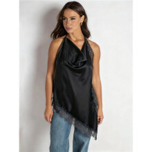 Women'S Satin Halter Neck Top Elegant Lace Trim Asymmetric Hem Sleeveless Going Out Tank Top Streetwear Black S