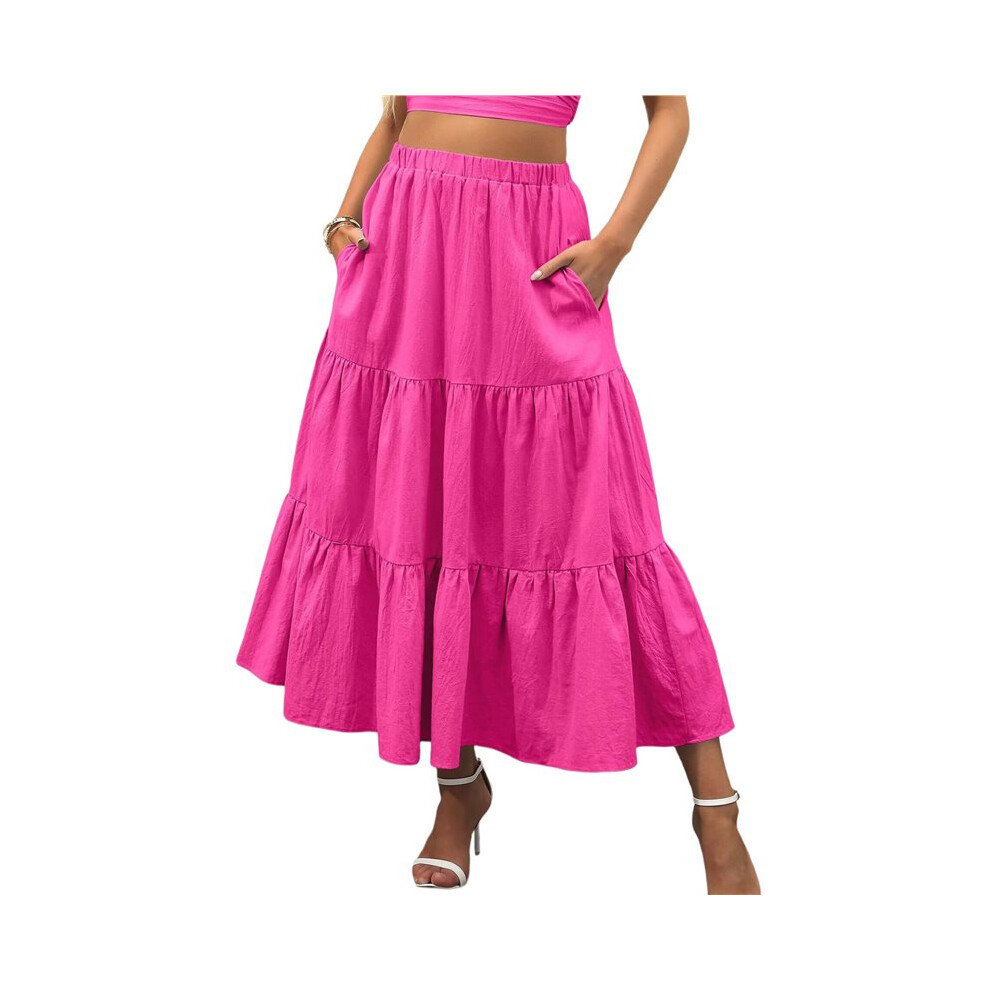 Gonna Lunga Fluida A Strati Con Tasche, Stile Casual Da Donna, A Vita Alta, A Trapezio Rosa Rossa M-image