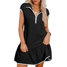 Womens Summer Oversized Sweatshirt Dress Casual Sleeveless Quarter Zip Ruffle Hem Pullover Dresses Black M