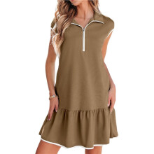 Womens Summer Oversized Sweatshirt Dress Casual Sleeveless Quarter Zip Ruffle Hem Pullover Dresses Dark Khaki XXL