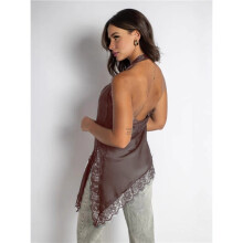 Women'S Satin Halter Neck Top Elegant Lace Trim Asymmetric Hem Sleeveless Going Out Tank Top Streetwear Dark Brown S