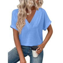 Dames T-Shirt met V-Hals, Losse Pasvorm, Effen Kleur, Korte Mouwen, Casual Basic Top, Oversized Hemelsblauw M