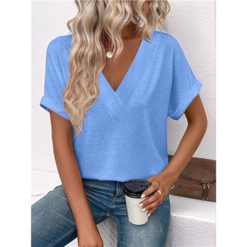 Womens  Size Loose Fit V Neck Solid Color Short Sleeve Tshirt Casual Basic Top Oversized Sky  L 1