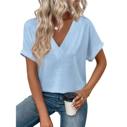Womens  Size Loose Fit V Neck Solid Color Short Sleeve Tshirt Casual Basic Top Oversized Light  XXL