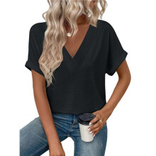 Dames T-Shirt met V-Hals, Losse Pasvorm, Effen Kleur, Korte Mouwen, Casual Basic Top, Oversized Zwart S