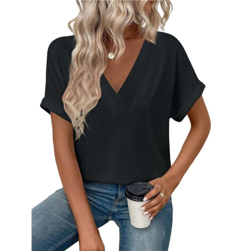 Womens  Size Loose Fit V Neck Solid Color Short Sleeve Tshirt Casual Basic Top Oversized Black L