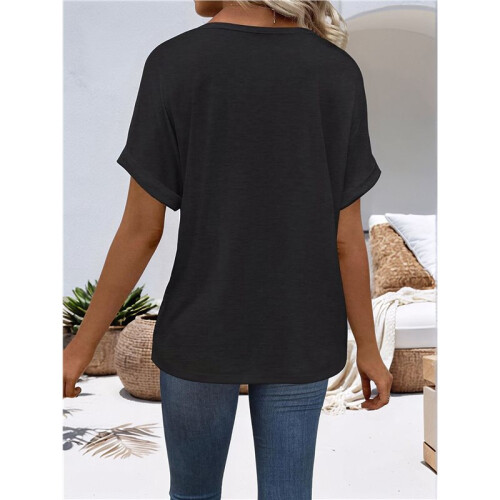 Womens  Size Loose Fit V Neck Solid Color Short Sleeve Tshirt Casual Basic Top Oversized Black XL 2