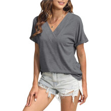 Dames T-Shirt met V-Hals, Losse Pasvorm, Effen Kleur, Korte Mouwen, Casual Basic Top, Oversized Donkergrijs L