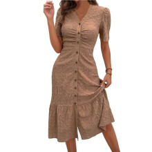 Womens V Neck Short Sleeve Solid Color Casual Dress Summer Chic Midi Dress Khaki S
