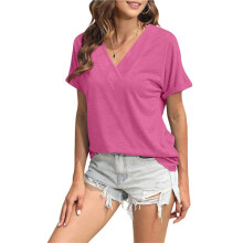 Dames T-Shirt met V-Hals, Losse Pasvorm, Effen Kleur, Korte Mouwen, Casual Basic Top, Oversized Rosérood S